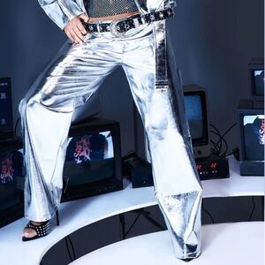 Pretty Little Thing Silver Faux Leather Pants Jeans NWT Size 16 See Measurements